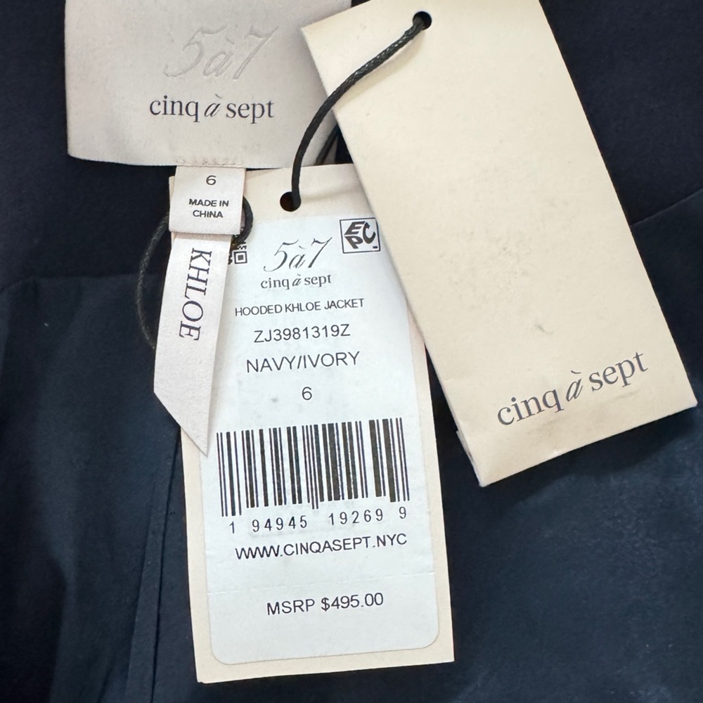 Cinq a Sept Women’s Hooded Relaxed Fit Navy Blue and White Khloe Blazer Jacket - Picture 14 of 15